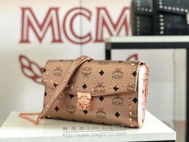 MCM女包 原單 6226打釘 MILLIE VISETOS鉚釘輪廓斜挎包 經典印花塗層帆布 MCM鏈條款 女單肩包  mdmc1392